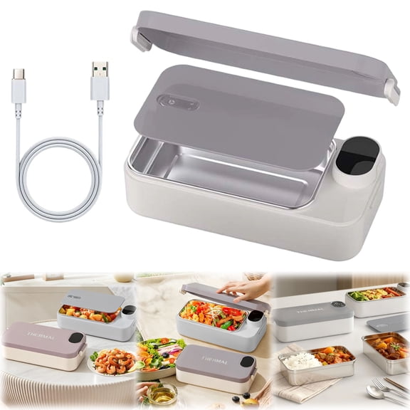 Heated Lunch Box,900ML Rechargeable Electric Lunch Box with Stainless Steel Container,7200mAh Adjustable Temperature Display,Smart Heating Lunchbox Portable Food Warmer for Office(Grey)
