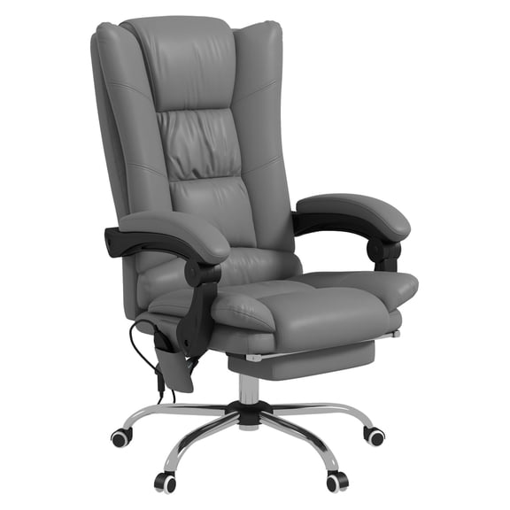 Heated Massage Office Chair PU Leather, 4 Vibration Zones, Reclining Footrest, Adjustable Height, Gray - Ergonomic Home Office Desk Chair