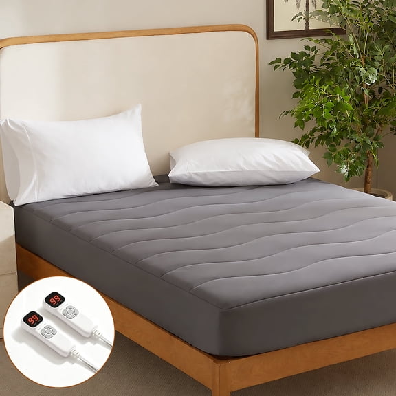 BEARKISS Electric Heated Mattress Pad Queen Size, ETL FCC Certified Even Heating 9 Heat Levels 1-10H Timer with Dual Controllers, Grey