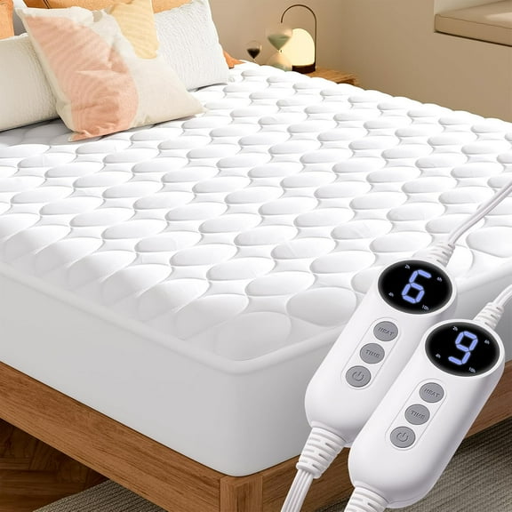 Heated Mattress Pad Queen Size with Dual Control - Electric Mattress Pad Cover with 9 Heating Settings & Auto Off 2/4/6/10 Hrs, Deep Pocket Bed Warmer Protector for Winter, ETL Certified,White