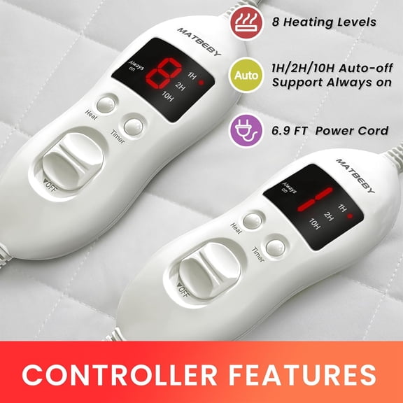 Heated Mattress Pad Queen Size, Electric Mattress Pad Cover w/Dual Control 8 Heating Settings, Bed Warmer w/ 4 Auto Shut Off Settings, Certified, Deep Pocket, Machine Washable, White