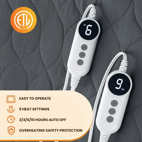 Heated Mattress Pad Twin Size - 6 Heat Settings & 10-Hour Auto Off, Quilted Electric Bed Cover, Bed Warmer with Deep Pocket | Fast Heating | Machine Washable,Grey,39"x75"