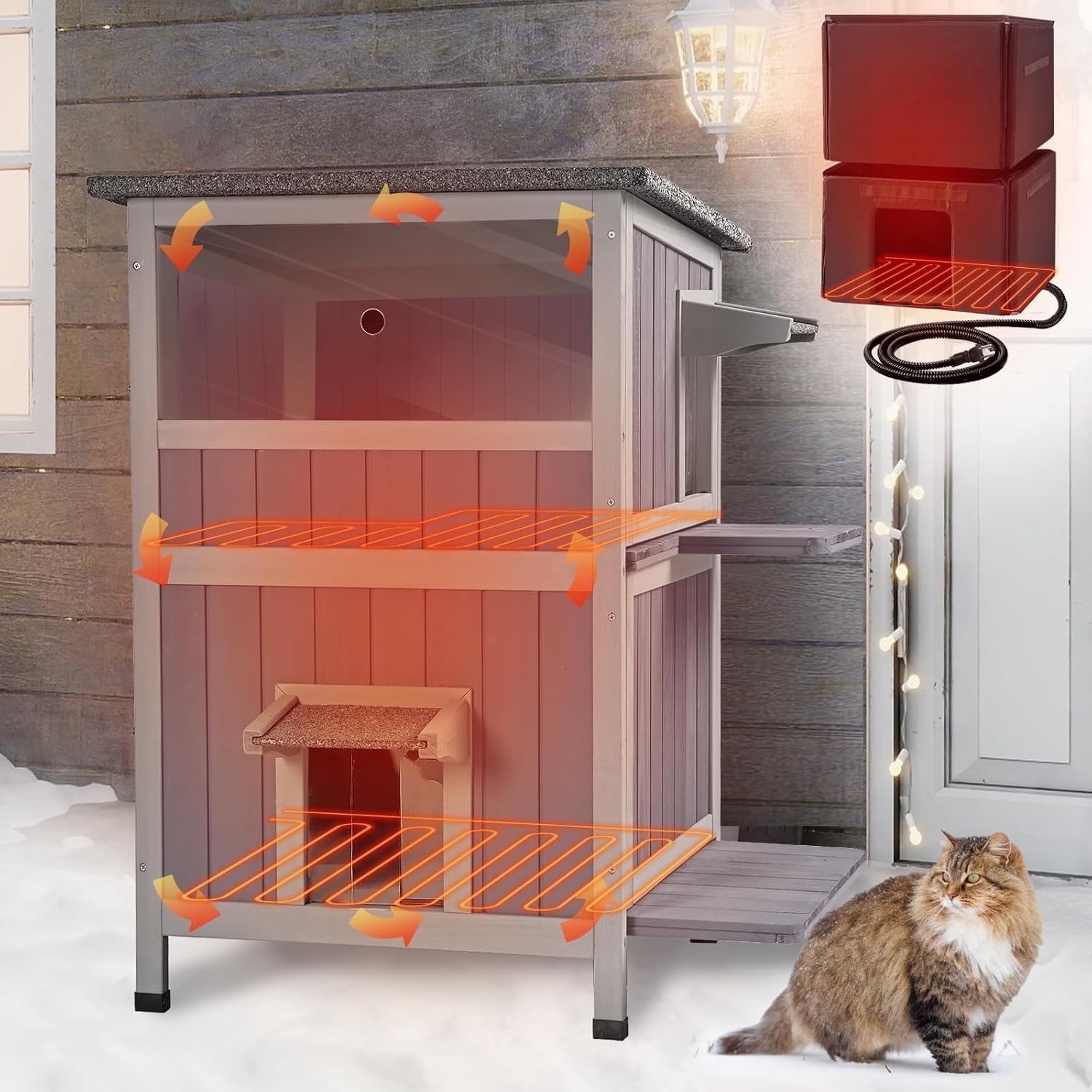 Heated Outdoor Cat House Insulated, 2-Story Outside Feral Cat Shelter with Weatherproof Roof and 2 Escape Doors, Kitty Condo with Heating Pad and Insulated Liner in Winter