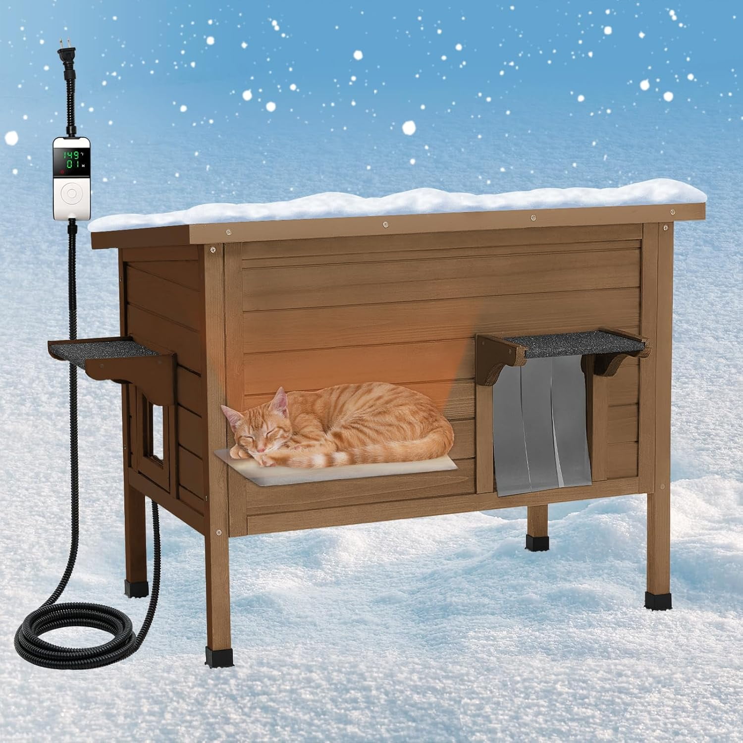 Heated Outdoor Cat House Insulated with Heating Pad Weatherproof