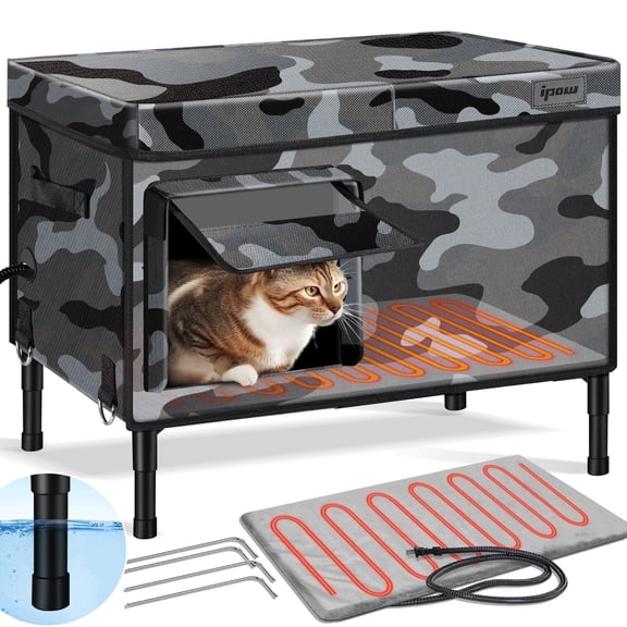 IPOW Heated Cat House for Outdoor Winter, Insulated Waterproof Shelter with Heating Pad, Camouflage Design for Feral Cats & Small Animals