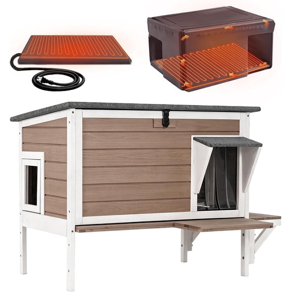 Heated Outdoor Cat House with Heating Pad and 6-Sided Insulation for Feral and Stray Cats, Brown