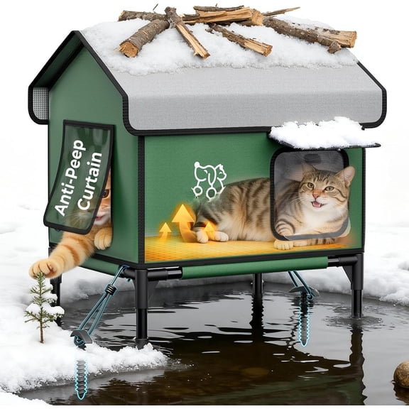 Heated Outdoor  House Outside Cats House: Insulated Heated Cathouse with Heating Pad, Anti-Peep Curtains Indestructible Outdoor   for Cats, Medium