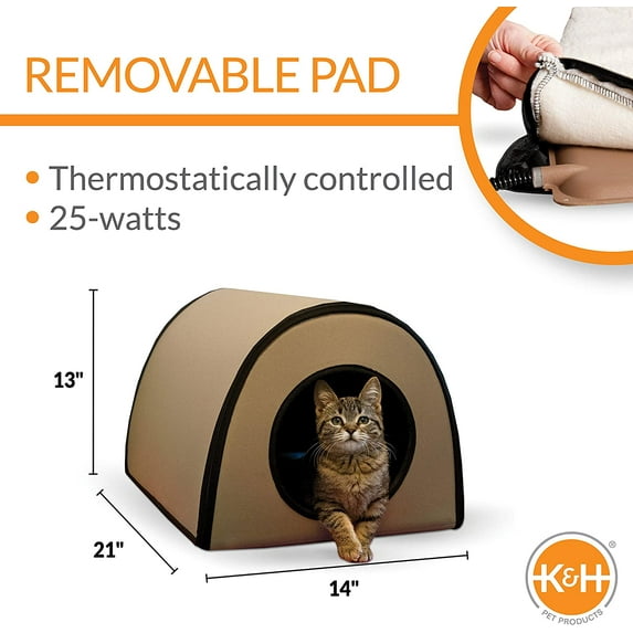 Heated Outdoor  House with Waterproof Design, Insulated, Safety Listed - Small 21 X 14 X 13in Tan 20W, Dog Bed