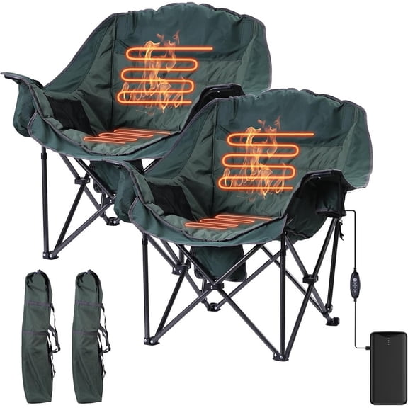 Heated Oversized Padded Camping Chair with Cooler Bag, Cup Holder & Side Pocket, Portable Folding Lawn Chair for Outdoor Adventures (2-Pack)