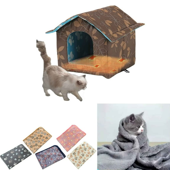 Heated Pet Bed House & Blanket with Self-Warming Pad Cat Mat Waterproof Paw Cat Mat Thermal Fleece Lining Portable Tent, Wipe-Clean Surface Insulated Cats Dogs Rabbits Weatherproof Outdoor House