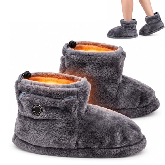 Heated Plush Slipper Boots, 5 Heat Settings, Gray Ankle-High House ...