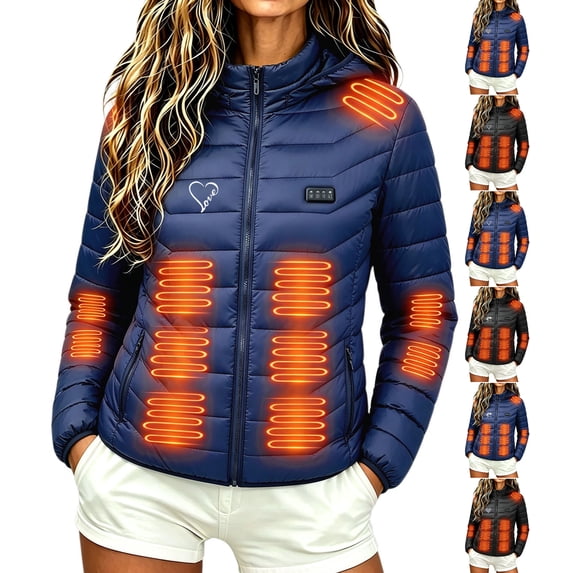 Heated Puffer Jacket Women Casual Zipper Four Control 21 Areas Heat Heating Coat Charging Jacket Long Sleeve Hooded Outwear