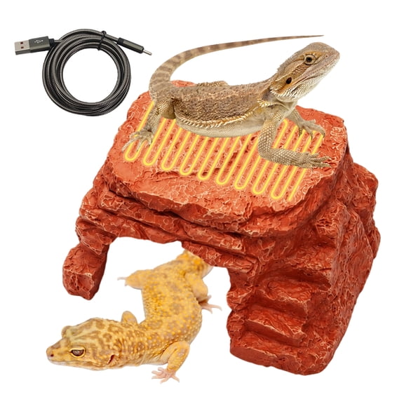 Heated Reptile Hide Cave USB 5V/2A Thermostat Heating Rock for Bearded Dragon Leopard Gecko Ball Python, Low Voltage Reptile Cave Heater with Natural Resin Rock Texture for Terrarium Night Shelter