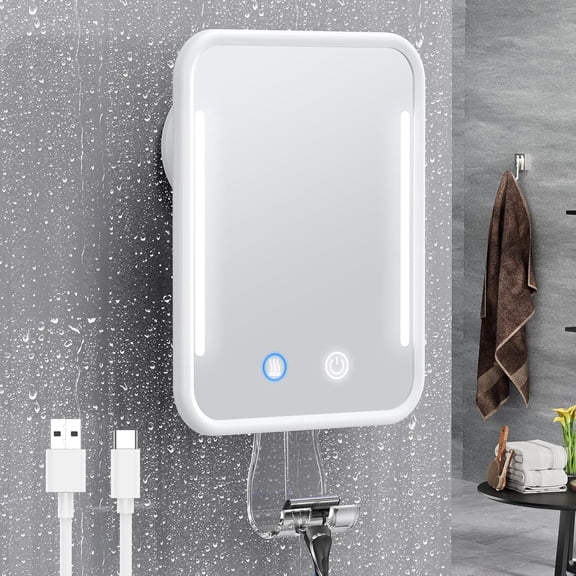 Heated Shaving Mirror for Shower Fogless with Light, Rechargeable Battery and Adjustable Brightness, Suction Cup Razor Holder, Removable & NO-Drilling, Waterproof Bathroom (White)