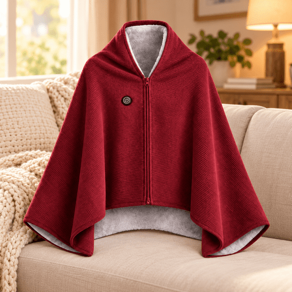Heated Shawl Wrap for Women Wearable Cape Blanket with Front Zipper Soft Fleece Lining 3 Temperature Settings USB Powered Shoulder Cover Requires Portable Power Bank for Home Office Sofa Reading Wint