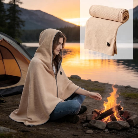 Heated Shawl Wrap for Women and Men with Hoodie and Zipper, USB Powered Electric Blanket 3 Heating Levels, Wearable Hooded Heated Blanket for Camping Office Car - Beige