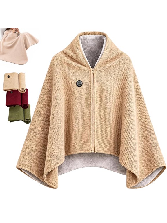 Heated Shawl Wrap for Women, USB Wearable Blanket with 3 Heat Settings - Zip-Front Hands-Free Fit, Knit & Plush Lining for Home & Office