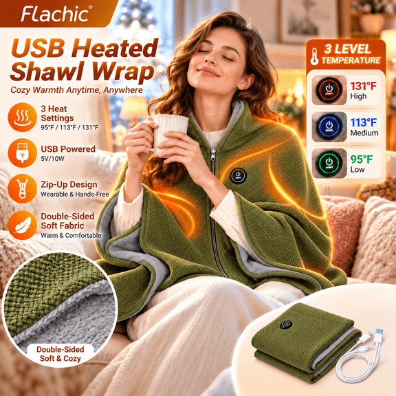 Heated Shawl Wrap for Women, USB Wearable Blanket with 3 Heat Settings, Zip Front, Soft Double-Sided Fabric for Home Office Travel