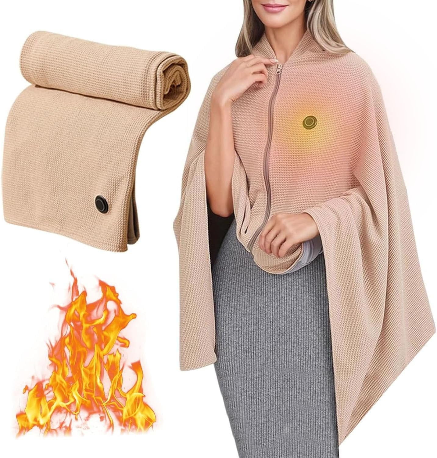 Heated Shawl Wraps, Portable USB Heated Blanket Shawl, Corded Wearable Blanket Soft Zipper Shawl Wraps Fast Heating Blanket with 8 Heating Zones and 3 Heating Levels for Outdoor, Home