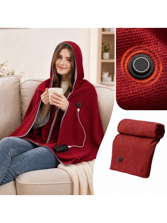 Heated Shawl Wraps Wearable Blankets for Women Men - Rechargeable Cordless Heated Blanket with Hoodie&Zipper, Portable Winter Warm Shawl Heating Scarf for Camping Fishing Home Outdoor Use, Wine