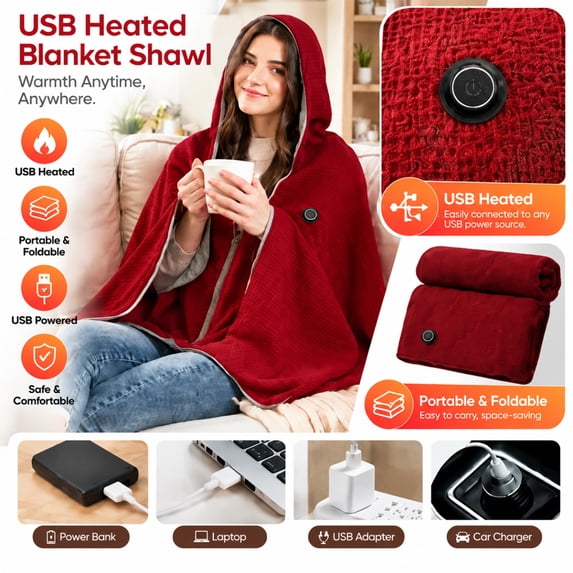 Heated Shawl Wraps for Women Men USB Heated Wearable Hooded Blanket Portable Warm Shawl with Easy Control Button for Car Camping Office and Travel Scenes Wine