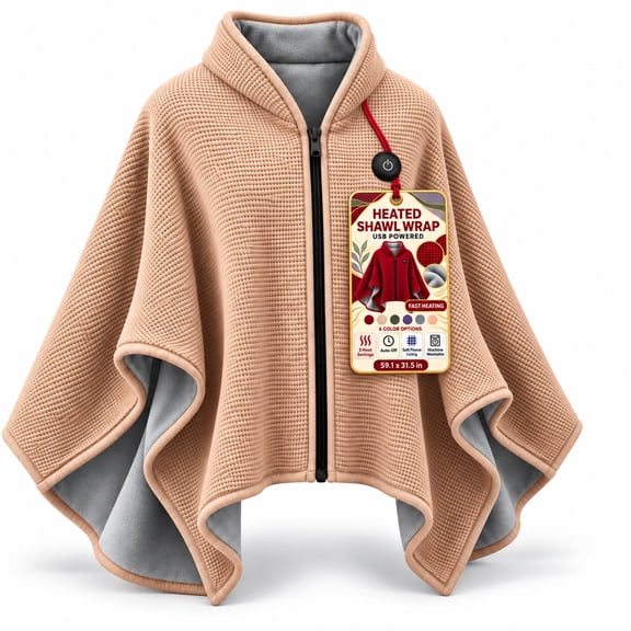 Heated Shawl Wraps for Women, USB Powered Wearable Electric Blanket, Zip-Front Shoulder Cape, 3 Heat Settings, Auto-Off, Fast Heating, Plush Fleece Interior, Machine Washable, 59.1 X 31.5 In