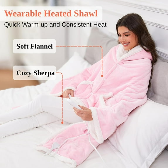 Heated Shawl Wraps for Women, Wearable Heated Throw Blanket, Electric Heated Wrap Poncho with Pockets,6 Heating Levels 4 Hours Auto-Off, Overheat Protection Machine Washable, 50”x64”, Pink