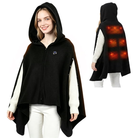 Heated Shawl Wraps for Women, Graphene Heated Hooded Wrap, 3 Heat Settings, USB Powered Wearable Blanket, 59 x 40 Inch, Black