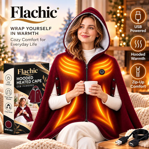Heated Shawl Wraps for Women, USB Powered Wearable Heated Blanket with Hood, Zip Up Heated Cape with Snap Buttons for Home Office Travel