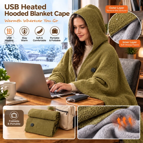 Heated Shawl Wraps for Women, USB Wearable Blanket with Hood, Soft Heated Poncho Cape with Front Zipper for Home, Office, Car and Travel Use Green