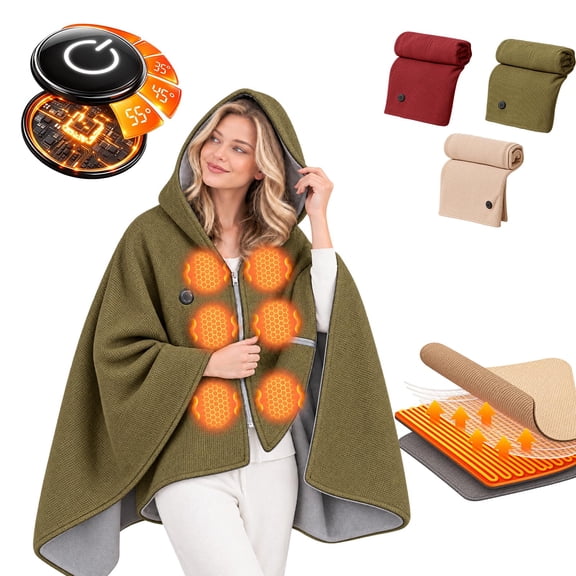 Heated Shawl Wraps for Women, USB Wearable Blanket with Zipper, 8 Zones and 3 Heating Temps for Cold Winter Office Typing and Couch Relaxing