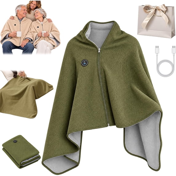 Heated Shawl for Women, USB Wearable Blanket with 3 Heat Settings, Zip-Front Heated Poncho Wrap with Plush Lining for Home Office Travel - Green