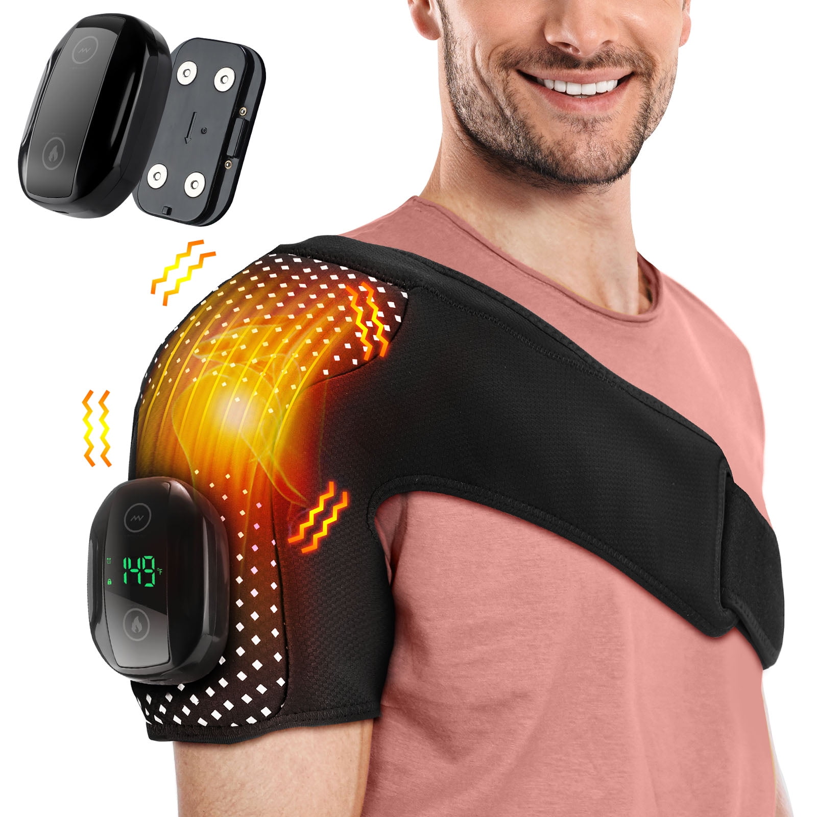 Heated Shoulder Brace Cordless Shoulder Heating Pad with 6 Heat Options 3 Vibration Modes for Neck Shoulder Muscle Relax, Rotator Cuff Support Gifts for Men & Women, Black