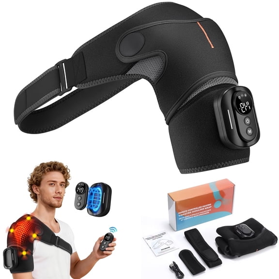 Heated Shoulder Brace with Magnetic Remote, 5000mAh Battery Cordless Shoulder Heating Pad with Massage, 5 Vibration Modes & 5 Heating Levels for Men Women, Black