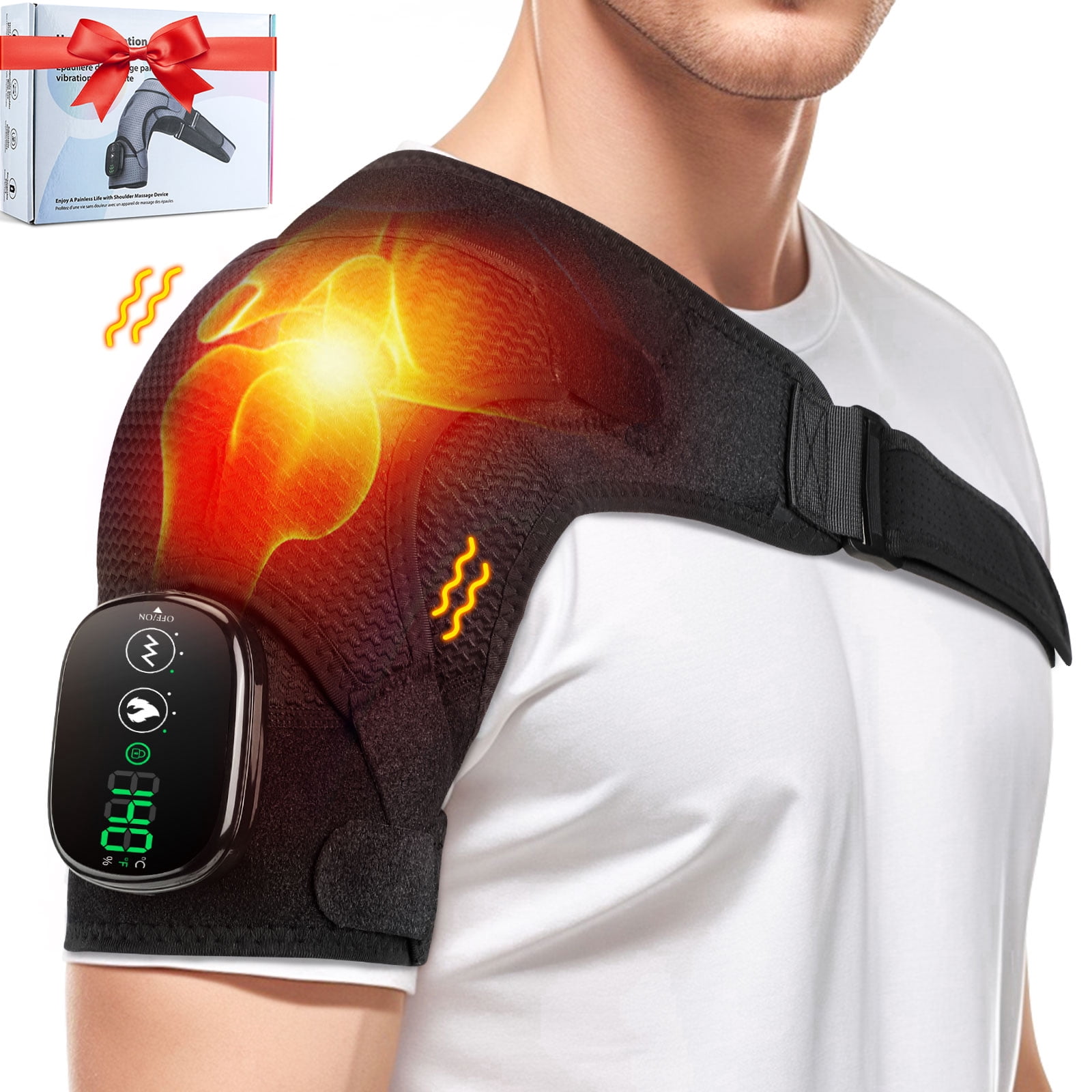 Heated Shoulder Brace Massage, Cordless Shoulder Heating Pad Wrap, Electric Heated Shoulder Massager with 3 Heat & Vibration for Men Women Relaxation