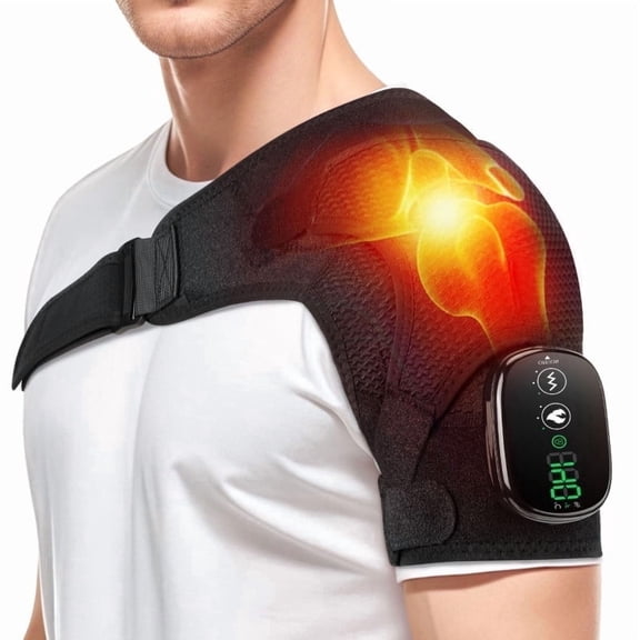 Heated Shoulder Brace Massage Rotator Cuff Support Compression Wrap, Electric Shoulder Heating Pad,5000mAh Rechargeable Black
