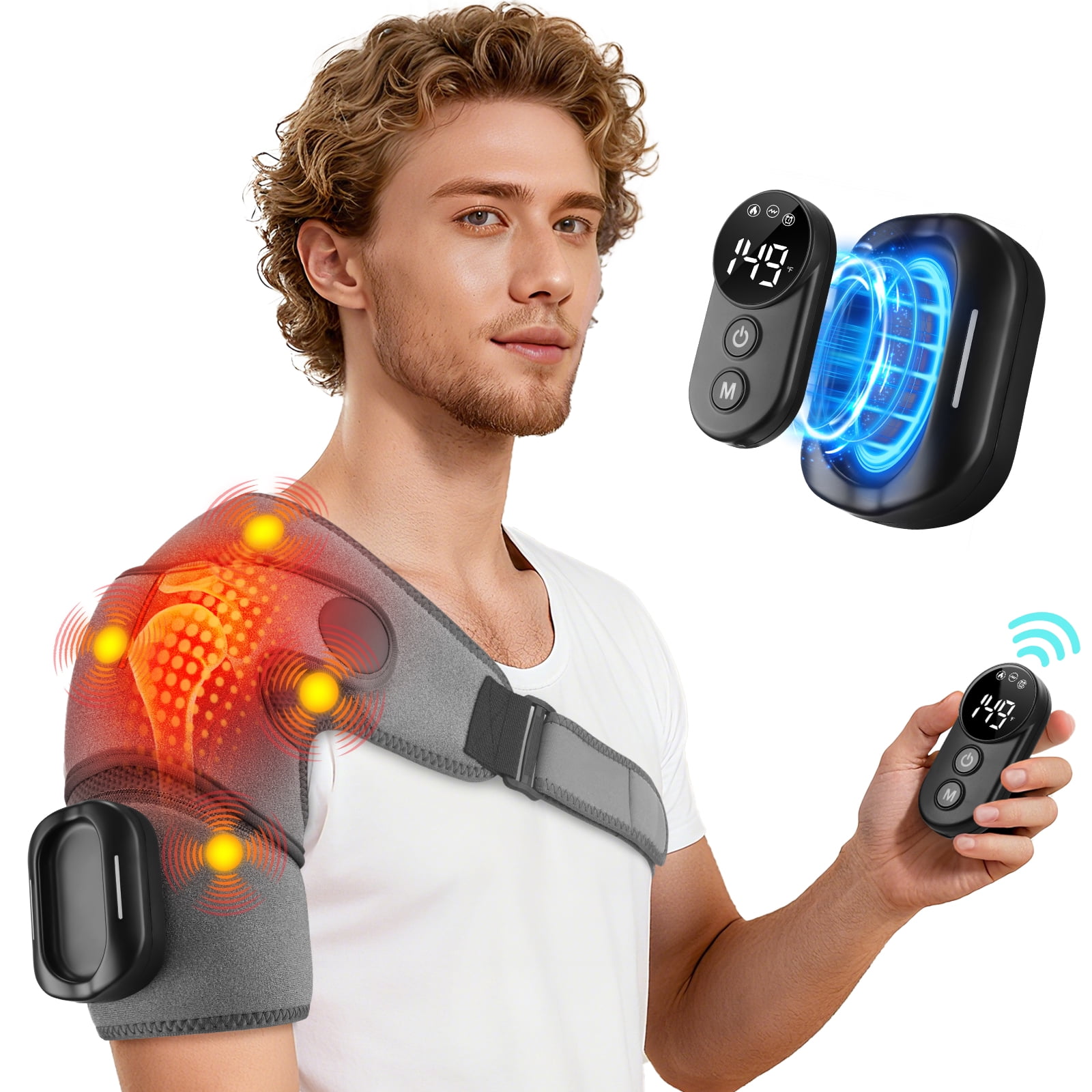 Heated Shoulder Brace, Shoulder Heating Pads Massager - 6 Heat & 3 Vibration Settings, 5000mAh Battery, Heated Shoulder Wrap for Men Women Relieve Neck and Shoulder, Deep Issue Relax,Gray