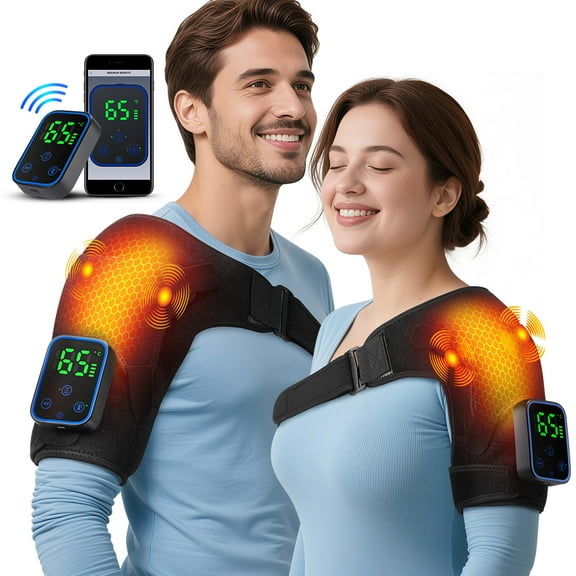 Heated Shoulder Brace Wrap, Cordless Shoulder Heating Pad Massager with Vibration, App Control Detachable Controller, 7 Heat 15-60 Timers, Electric Shoulder Massage for Shoulder Relief Arm Support
