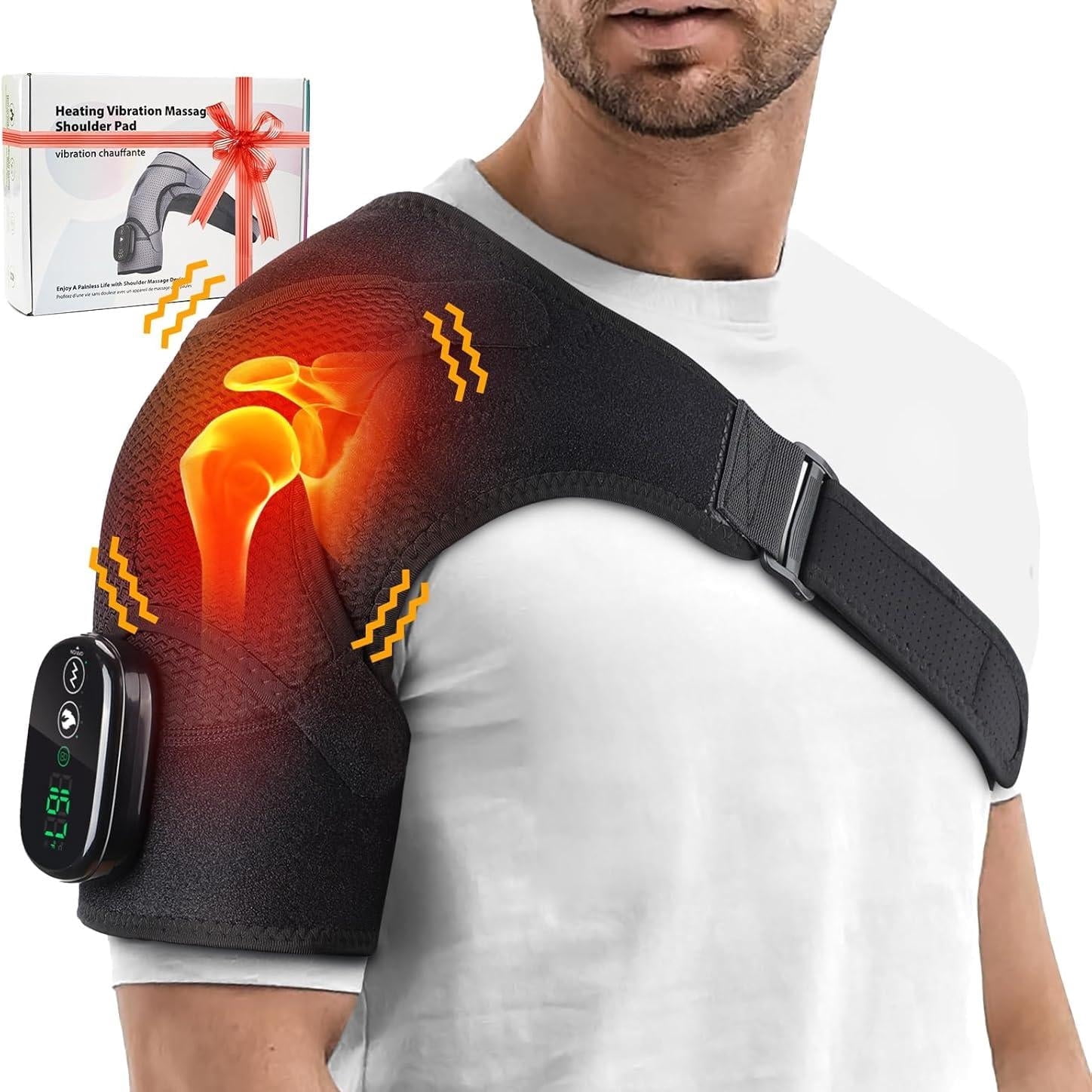 Heated Shoulder Brace Wrap, Electric Shoulder Heating Pad Massager, Rechargeable Cordless Shoulder Heated Wrap Massager with 3 Adjustable Vibrations for Men Women, Heated Shoulder Massage for Relief
