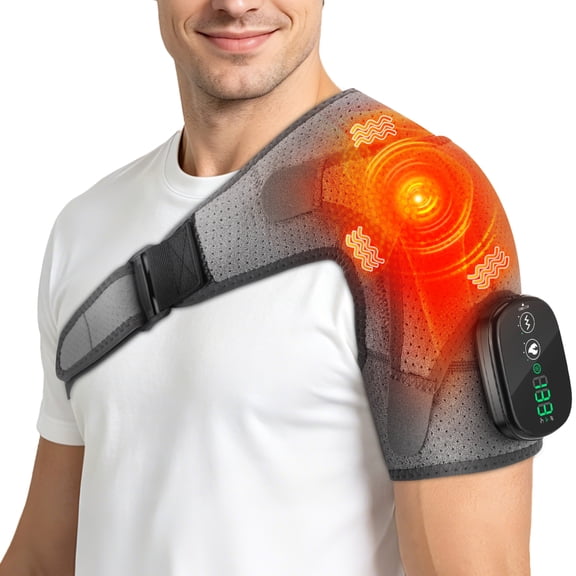 Heated Shoulder Massage Brace, Shoulder Heating Pad with Massage, Arm Heated Wrap, Cordless Shoulder Heated Wrap - 3 Heat & Vibration Levels, 5000mAh Rechargeable Battery, 2 Extension Straps, Gray