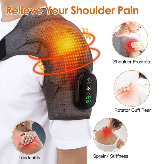 Heated Shoulder Massager with 3 Heat & Vibration Levels, Cordless Rechargeable Shoulder Wrap for Pain Relief, Adjustable Straps for Men & Women, Home & Office Use