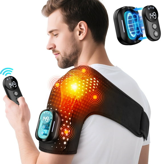 Heated Shoulder Wrap with Remote Controller, Heated Shoulder Brace Shoulder Massager with 4 Motors Vibration, Cordless Shoulder Heating Pad with 5 Heat, Fit Left Right