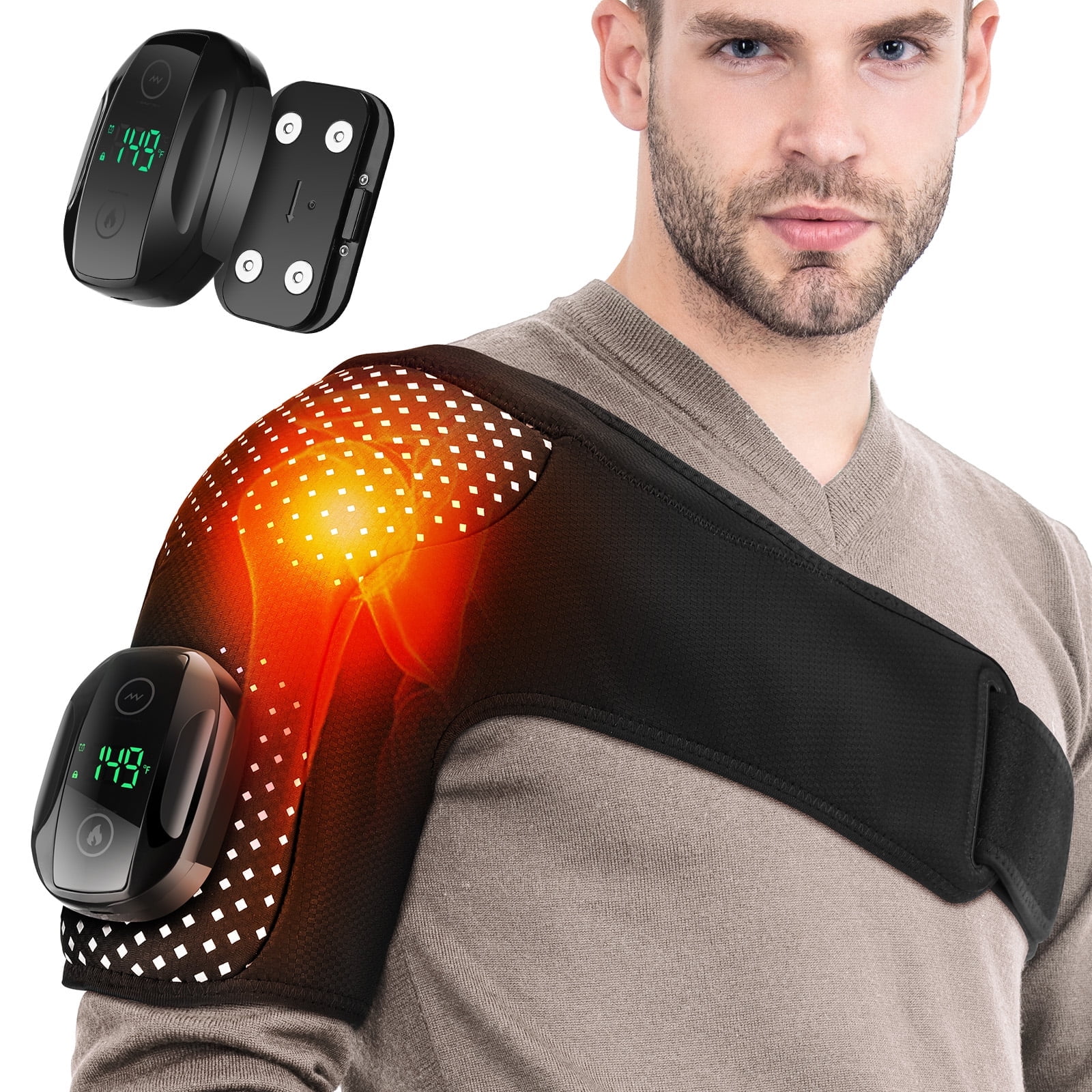 Heated Shoulder Wrap, Heated Shoulder Brace with 6 Heating, Shoulder Massager with Heat and Vibration, Cordless Shoulder Heating pad with Massage, Fit Left Right, Detachable Controller