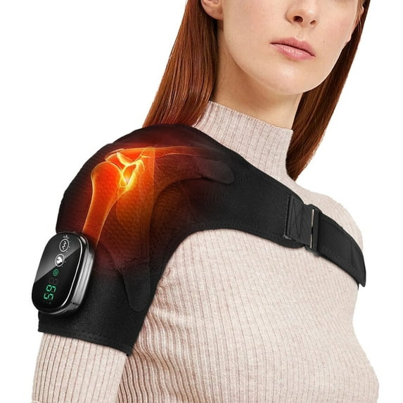Cordless Shoulder Heating Pad with Massage, Shoulder Heated Wrap Brace, Rechargeable Shoulder Massager - 3 Heat & Massage Levels, 2 Extension Straps, 5000mAh Battery Rechargeable, Black