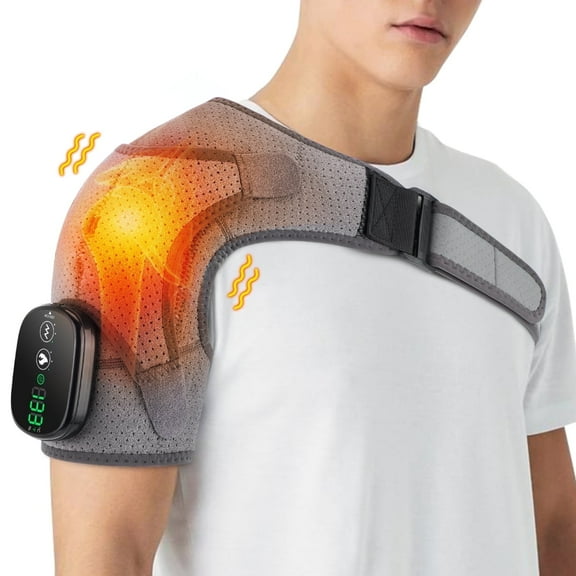 Heated Shoulder Massage Brace, Shoulder Heating Pad with Massage, Arm Heated Wrap, Cordless Shoulder Heated Wrap - 3 Heat & Vibration Levels, 5000mAh Rechargeable Battery, 2 Extension Straps, Gray