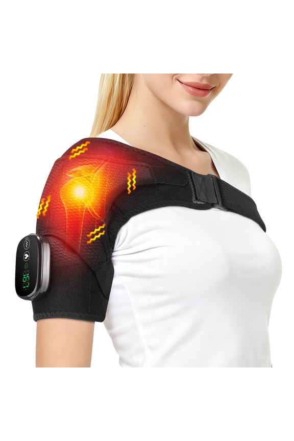 Heated Shoulder Brace Wrap with Massage for Muscle Relief, Heated Shoulder Massage with 3 Heat & Vibration Settings, Electric Shoulder Heating Pad Massager for Men Women, Black