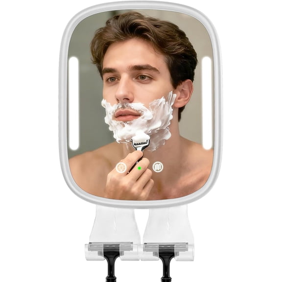 Heated Shower Mirror Fogless for Shaving with Light, Rechargeable Battery, Detachable Adhesive Hook & Razor Holder, NO-Drilling Waterproof Anti-Fog Mirror, Gift Men(White)