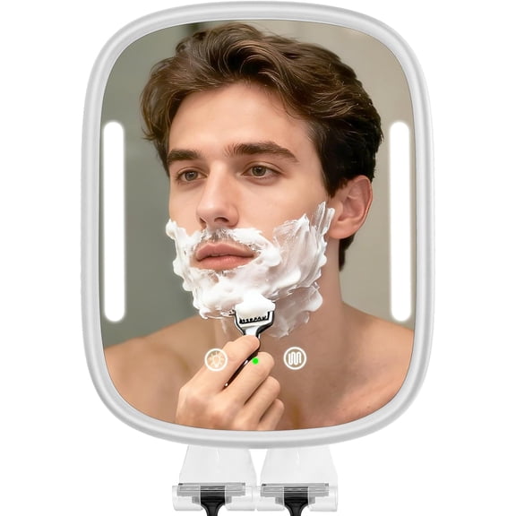 Heated Shower Mirror Fogless for Shaving with Light, Rechargeable Battery, Detachable Adhesive Hook & Razor Holder, NO-Drilling Waterproof Anti-Fog Mirror, Gift for Men(White)