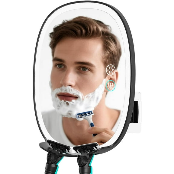 Heated Shower Mirror Fogless for Shaving, Lighted Shaving Mirror with 2 Razor Holders, 5000mAh Rechargeable No Fog Mirror for Shower with Light, Adhesive Steam Free Shower Mirror for Men
