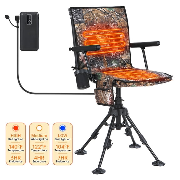 Heated Silent Swivel Hunting Chair with 360 Degree Rotating, Adjustable Height, Armrests, No-Sink Feet & Shoulder Strap | Turkey Hunting, Blind Chair for Deer, Observation, Outdoor Rest